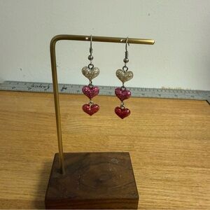 Three glitter hearts dainty dangle earrings